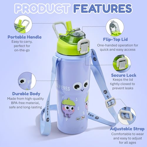 Image of Nayasa Kiddy Duo-Sip Kids Insulated Inner Steel Water Bottle 700-635 ml | Dual Drinking Mode | BPA-Free & Food Grade | Brinjal Print | With Strap, Handle & Neck Band | Lavender