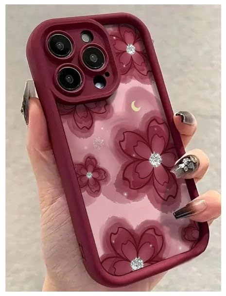Image of COVERLY Red Floral Back Case Cover for iPhone 12 Pro | 3D Sparkle Diamond Flower Cute Design | Camera Lens Protection | Soft TPU Silicone Aesthetic Print Cover for Girls & Women (Red, Shockproof)
