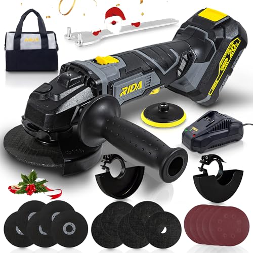 RIDA Cordless Angle Grinder Kit 20V 4 1/2 Inch 10000RPM 6 Speed Options 4.0Ah Battery & Fast Charger, Adjustable Handle Grinder for Cutting and Grinding Stone and Metal with 22Pcs Accessories