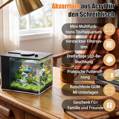 3,7L Kleines Betta Aquarium Komplettset, Mini Aquarium aus Acryl mit Filterpumpe, LED-Beleuchtung, ideal für kleine Fische, Garnelen und Pflanzen (Schwarz)