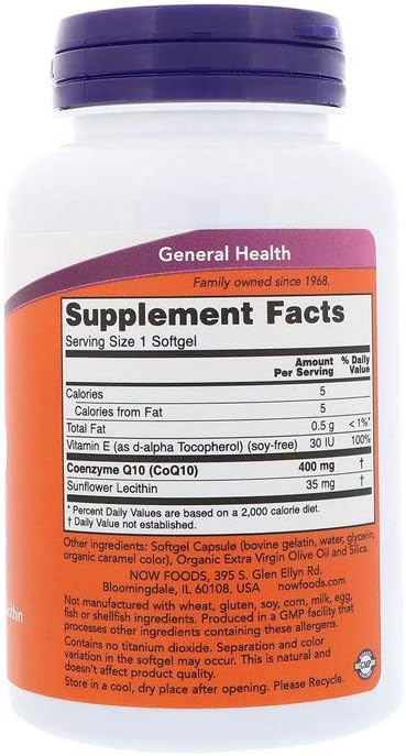 NOW Supplements, CoQ10 400 mg, Pharmaceutical Grade, All-Trans Form produced by Fermentation, 60 Softgels : Health & Household
