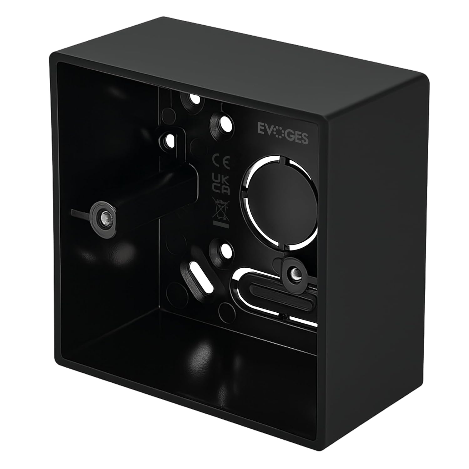 Evoges 1 Gang Pattress Box Black 44mm Deep – PVC Surface Back Box with Knockouts, Rounded Corners – Electrical Mounting Box for Light Switches & Plug Sockets (2)