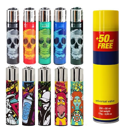 Episent Clipper Lighters 10 Mixed Pack - Refillable Reusable Eco-Friendly - Bonus Clipper Gas Canister Included - Multipurpose Lighters for Cigarettes Candles and Camping