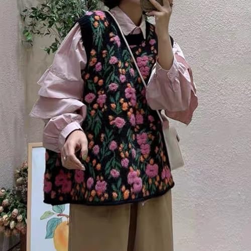 Image of Women Pink Peach Flower Embroidery Knitted Sleeveless O-neck Knitwear Sweater Vest, Large, Black