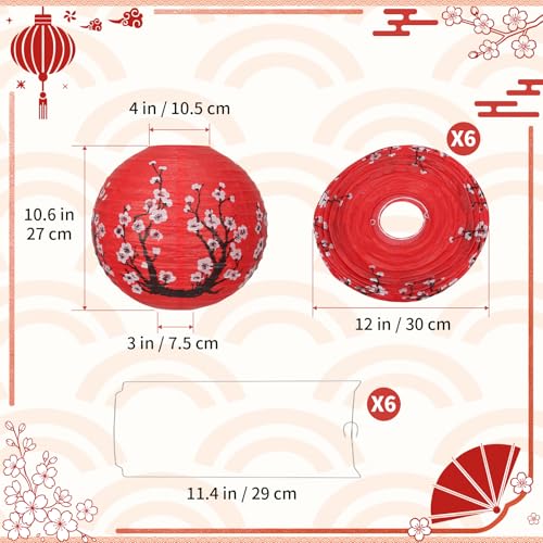 Image of 6 Pcs Red Paper Lanterns Decorative 10x12 Inch, ZUEXT Cherry Blossom Hanging Round Chinese /Japanese Lantern for Festival Theme Birthday Party Wedding Home Yard Japanese Eateries Decor Oriental Style