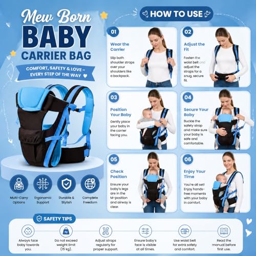 Image of LittleBoo New Born Baby Carrier Bag 4-in-1 Adjustable Baby Sitting Carrier Bag - Front & Back Carry with Head Support, Safety Belt & Buckle Straps for 0-24 Months (Black-Blue)