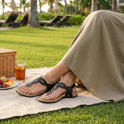 Image of Women's Orthopedic Arch Support Comfortable Walking Sandals, Orthotic Thong T-Strap Supportive Casual Flat Summer Sandals for Women