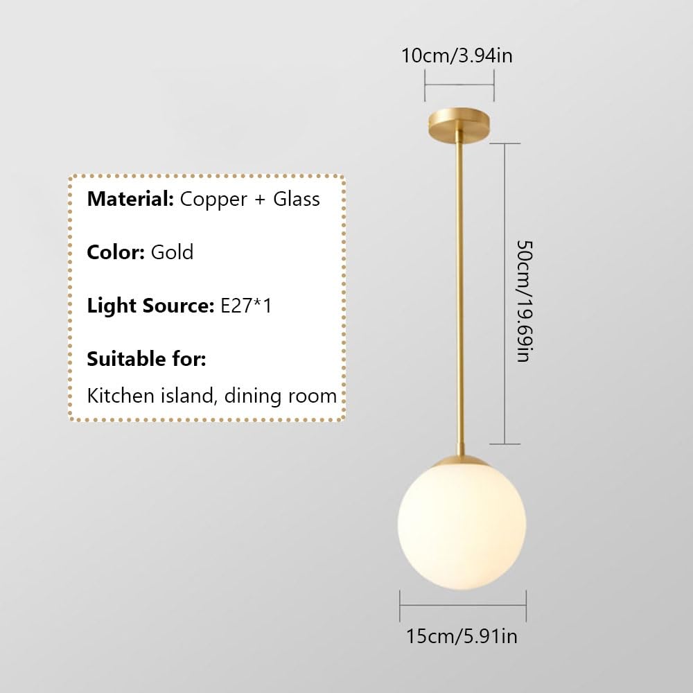 Nordische moderne goldene Metall-Pendelleuchte, minimalistische milchweiße Kugel-Glas-Hängelampe, Innen-Kupfer-Lampenkörper-Kronleuchter for Kücheninsel, Schlafzimmer, Esszimmer(15cm/5.91in)