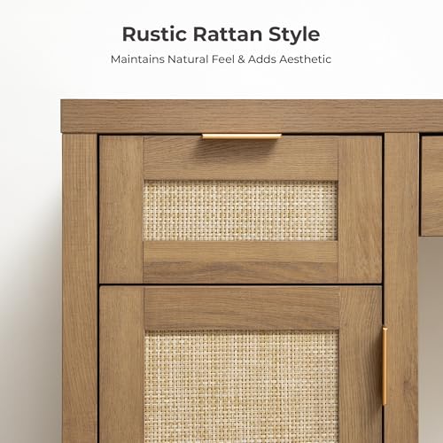 Image of SICOTAS Rattan Vanity Home Office Desk 52 inch Vanity Table with 3 Drawers | Farmhouse Boho Makeup Vanity Dressing Table with Large Storage, Vanities Desk for Makeup Room, Bedroom, Office