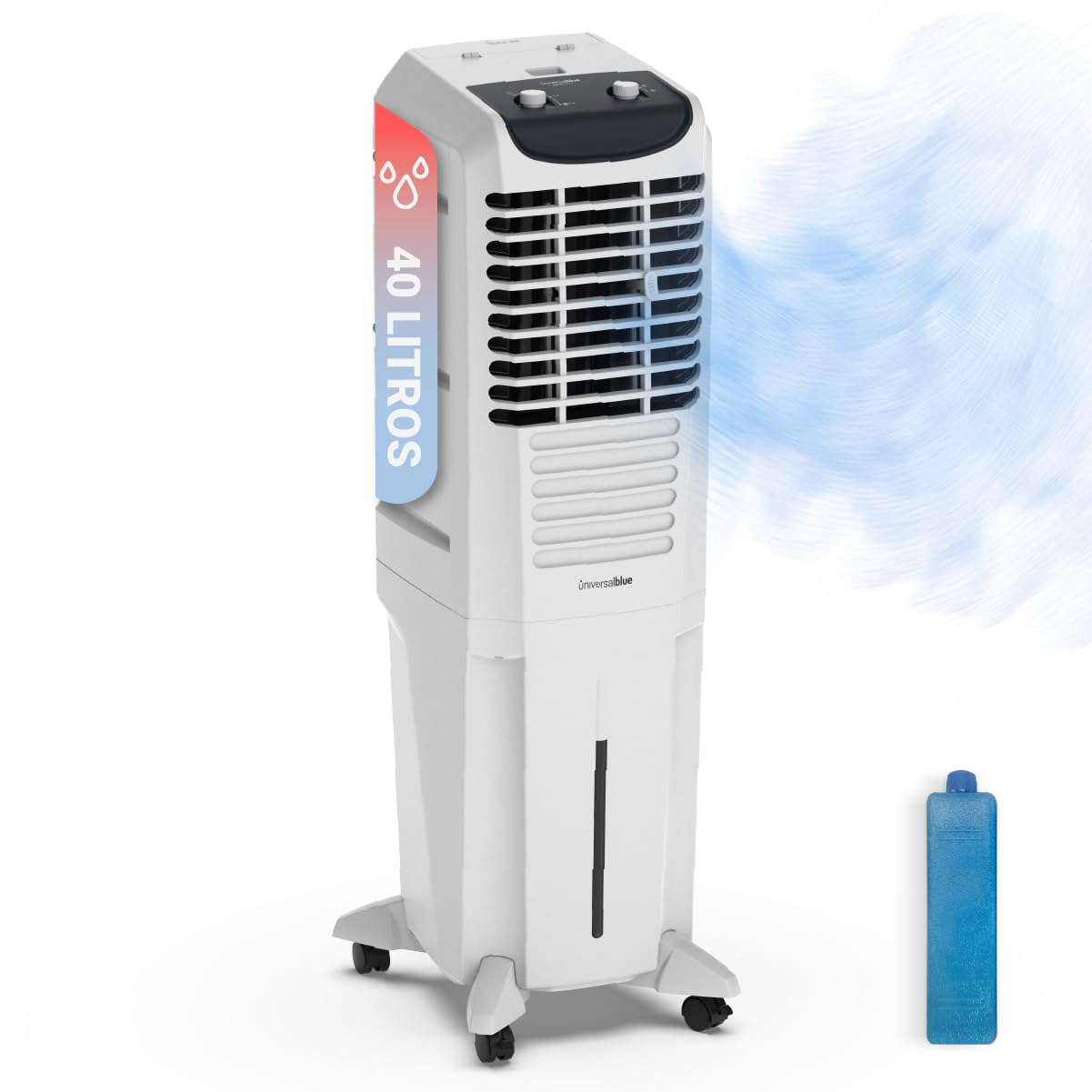 UNIVERSALBLUE Climatizzatore evaporativo portatile 40 l – Raffreddatore d'aria 120 W, 4000 m³/h, 2 modalità, 3 velocità, oscillazione verticale motorizzata, basso consumo, nessuna installazione