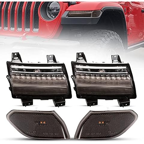 BUNKER INDUST JL LED Fender Light Kit, LED Sequential Flashing Turn Signal with DRL + Side Marker Lights Compitable for Jeep Wrangler 2018 2019 2020 Smoked Lens Front Wheel Eyebrow Light Kit(Not Fit Cover