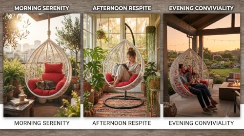 Image of UNIVERSAL FURNITURE Hanging Egg Swing Chair with Stand, Woven Wicker Rattan Style Swing with Cushion, Freestanding Indoor Outdoor Hanging Chair for Patio, Balcony, Garden & Porch (White Red)