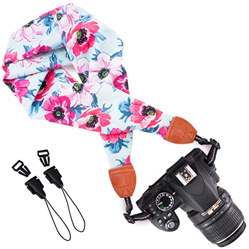 Wolven Soft Scarf Camera Neck Shoulder Strap Belt Compatible With All Dslr/Slr/Digital Camera (Dc) / Instant Camera Etc, Blue Pink Flower #TOP12