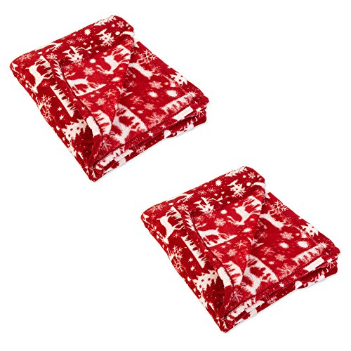 DII Christmas Throw Blanket Set Reversible Plush Fleece Warm Blankets for Winter, 50x60, Red & White Reindeer, 2 Piece