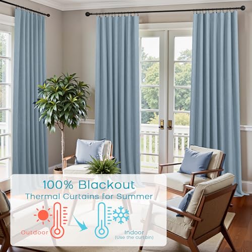 Image of KOUFALL 90 Inch Stone Blue Linen Blackout Curtains, Thermal Insulated Blue Grey Black Out Curtains for Boys Bedroom, Wide 52 x 90 Inch Long, 2 Panels Set