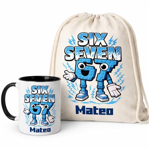 Gifters | Pack Regalo Personalizado Niño con Nombre | Taza Cerámica 325 ml + Mochila de Cuerdas | Diseño SIX SEVEN | Regalo Cumpleaños, Comunión, Navidad, Cole