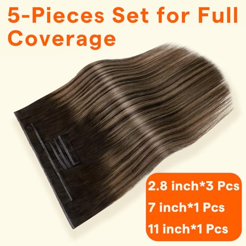 Image of Full Shine Butterfly Weft Human Hair Extensions 24 Inch 100g 5Pcs | Balayage Dark Brown Mix Ash Brown, Invisible Blend, Double Layer Weft, Thin Hair Transformation, Easy Wear & Remove