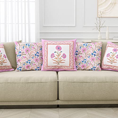 Image of BLOCKS OF INDIA Hand Block Printed Cotton Linen Cushion Cover (16 X 16 Inches) (Brown Purple Motifs), 250 TC