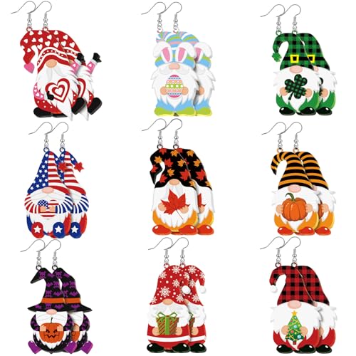 Glenmal 9 Pairs Fall Holiday Gnome Earrings for Women Halloween Christmas Jewelry Gift Holiday Acrylic Drop Dangle Earrings