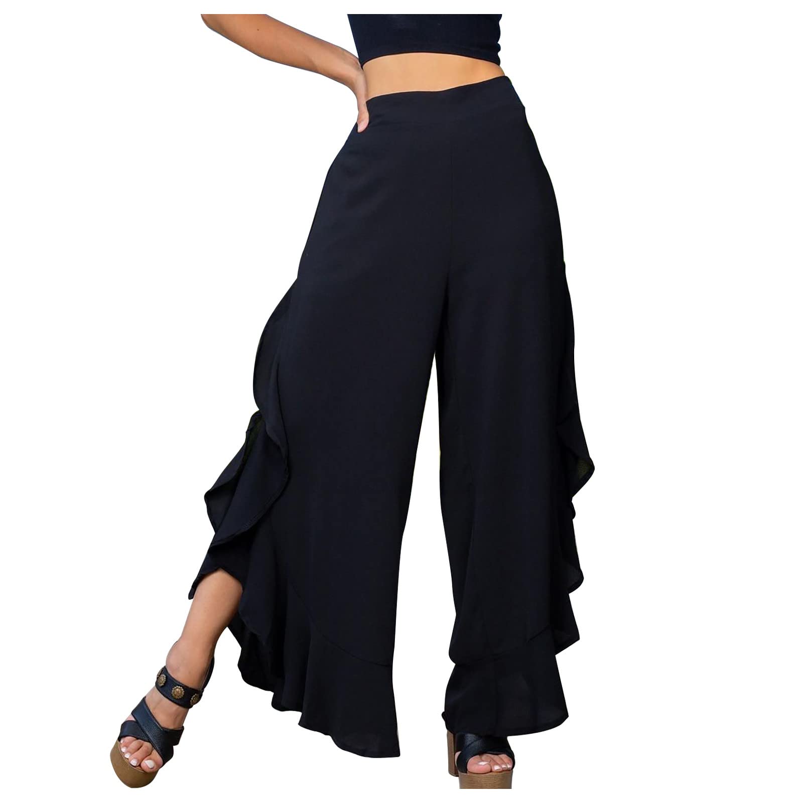 Women's Ruffle Palazzo Pants Loose Casual Irregular Hem Elastic High Waist Long Wide Leg Pants Summer Boho Trousers