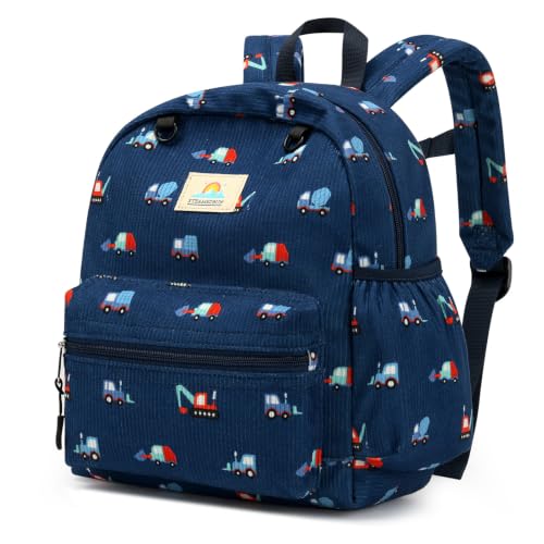 Image of STEAMEDBUN Corduroy Toddler Backpack for Girls 2-4: Kids backpack for Boys Girls - 12 inch Preschool Kindergarten Backpacks - Blue Trucks