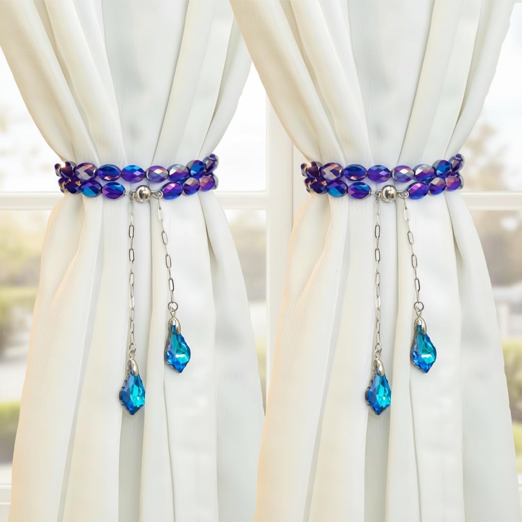 Magnetic Curtain Tiebacks, 2 Pack K9 Clear AB Color Crystal Prism Beaded Pendants Sheers/Draperies Holdbacks for Window Home Office Decor (AB Blue)