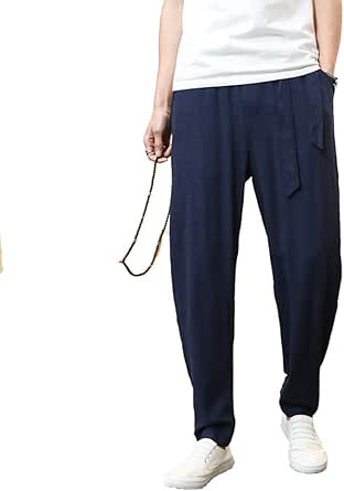Pantaloni Per Il Tempo Libero Da Uomo, In Cotone E Lino, Leggeri, Da Spiaggia, Da Uomo, Lunghi, Traspiranti, Vestibilità Larga, Con Elastico, Comodi Pantaloni Rilassanti In Tinta Unita, Blu Marino, M - Foto 6