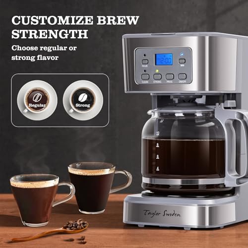 Image of Taylor Swoden 12-Cup Programmable Coffee Maker, Regular & Strong Brew Drip Coffee Machine for Home and Office, Glass Carafe, Pause & Serve, Auto Shut Off, Gray & Stainless Steel