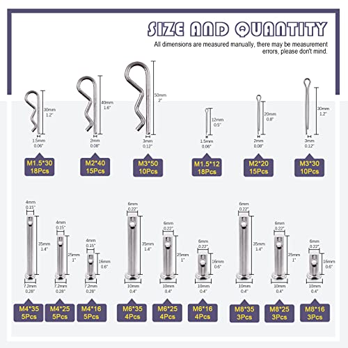 Swpeet 122Pcs 304 Stainless Steel M4 M6 M8 Clevis Pin with M1.5 M2 M3 Zinc Plated Steel Cotter Pin and Clips Fastener Set Hitch Pin Clips Fastener Fitting Hole Location Pin T-Shape Round Pin