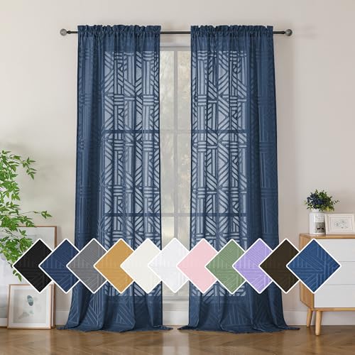 Simplebrand Navy Blue Semi Sheer Curtains 96 Inches Long 2 Panels, Light Filtering Geometric Jacquard Clip Textured Sheer Curtains for Living Room，Modern Elegant Window Curtains Drapes，42x96 inch