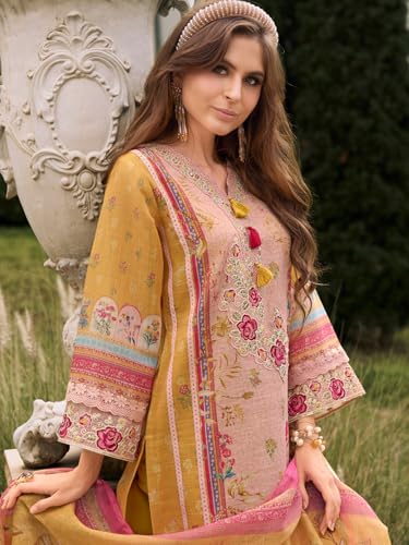 Image of INDO ERA Women's Straight Linen Floral Printed Kurta & Pant with Dupatta Set | Kurta Sets For Woman