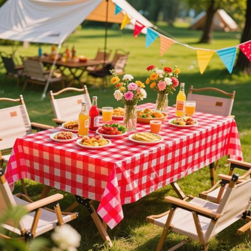 Image of Kesfey Red and White Checkered Tablecloths 3 Packs Red Gingham Plastic Table Cloths 54 X 108 Inches Disposable Waterproof Party Picnic Table Covers Rectangle Checkered Tablecover for Birthday Decor