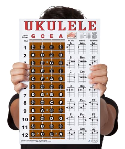 Laminated Ukulele Fretboard Notes & Easy Beginner Chord Chart 11'x17' Instructional Poster for Soprano Concert Tenor Uke by A New Song Music
