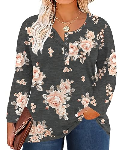 Women's Plus Size Top Henley Neck Shirt Long Sleeve Button Front Round Neck Tee Basic Ladies Loose Fit T Shirt