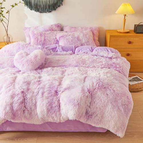 Shaggy Fluffy Tie Dye Lilac Comforter Cover Twin Set – Faux Fur Shaggy Tie Dye Lilac Bedding 2-Piece Set (1 Plush Duvet Cover + 1 Furry Pillow Sham) Cozy Bed Set