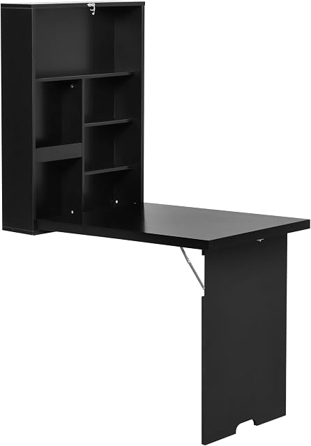 HOMCOM Folding Wall-Mounted Drop-Leaf Table With Chalkboard Shelf Multifunction Black