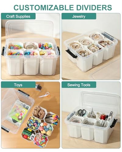 Image of EOENVIVS Clear Storage Bins with 6 Tall Inserts, Stackable craft organizers and storage Box, Plastic Storage Totes with Lids and Handles for Crafts, Jewelry & Sewing, Art Supplies, Markers, Pens
