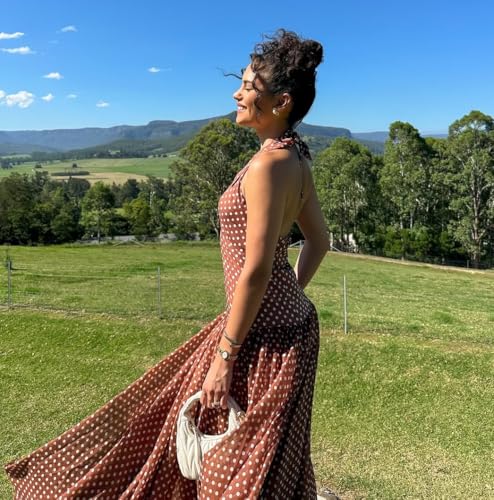 Women's Polka Dot Maxi Dress Halter Neck Sleeveless Drop Waist Flowy Summer Wedding Beach Sundress3