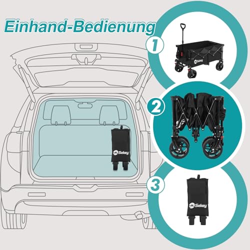 Sekey XXL Bollerwagen Faltbar mit Erweiterbarer Heckklappe 135L & 200L, Faltbarer Bollerwagen Klappbar Angelwagen Zusammenfaltbar aus Vier Richtungen bis 150KG, Flexi 4019, Schwarz – Bild 7