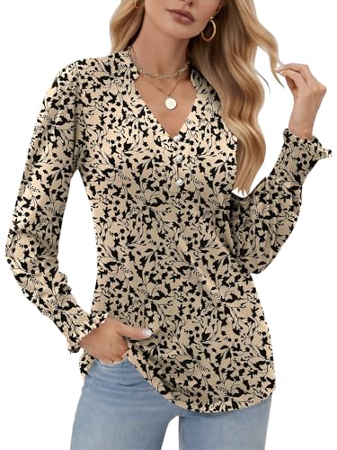 Cuptacc Camisas Mujer Manga Larga con Botones Y Flores Blusas Mujer Otoño Elegantes Camisetas Túnica Albaricoque Negro Floral, X-Large XL 46-48