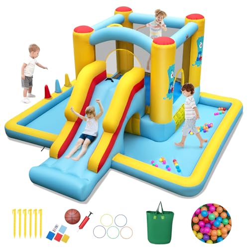 COSTWAY 7 en 1 Château Gonflable avec Toboggan & Maison de Saut, Aire de Jeux Gonflable avec Piscine à Balles & Panier de Basketball, 50 Balles Océaniques...