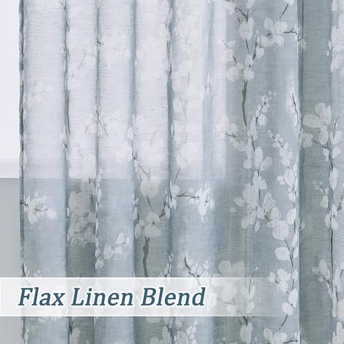 Image of FMFUNCTEX Linen Sheer Blossom Floral Print Curtains Blue 96 Inch 2 Panels