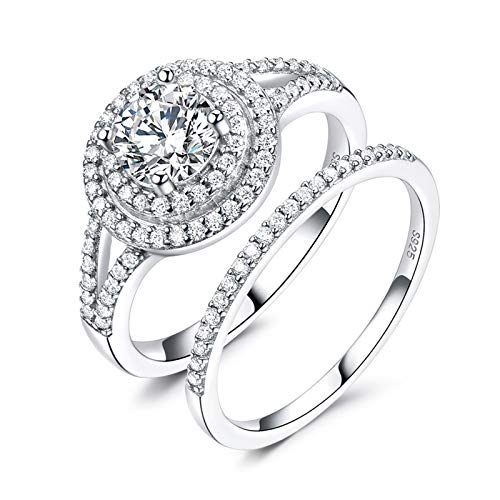 Bague argent femme mariage KnSam lot de 2 anneaux fantaisie avec pavé zircone et halo scintillant