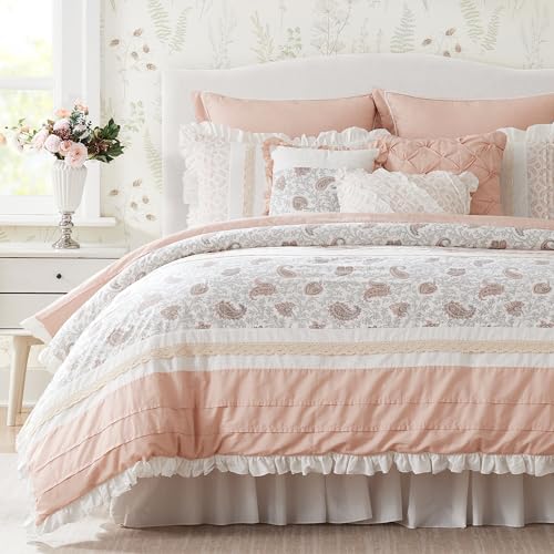 Madison Park Dawn 100% Cotton Shabby Chic Comforter Set-Modern Cottage Design All Season Down Alternative Bedding, Matching Shams, Bedskirt, Decorative Pillows, King(104"x92"), Blush 9 Piece