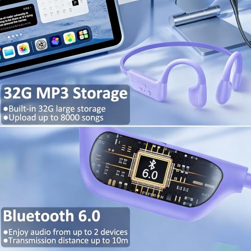Image of Swimming Headphones Underwater, IP68 Waterproof Bone Conduction Headphones, Bluetooth 6.0 Open Ear Swim Earbuds with 32GB Built-in MP3,Adjustable Headband for Swim Cap /Hat,Dual Device Pairing (Purple