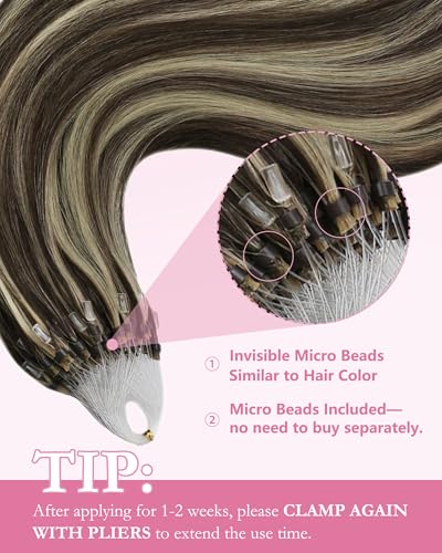 Image of YoungSee Micro Bead Hair Extensions Real Human Hair Brown Highlight Micro Ring Hair Extensions Dark Brown Highlight Blonde Microlink Hair Extension Human Hair Bead Hair Extension 18In 50s 57g