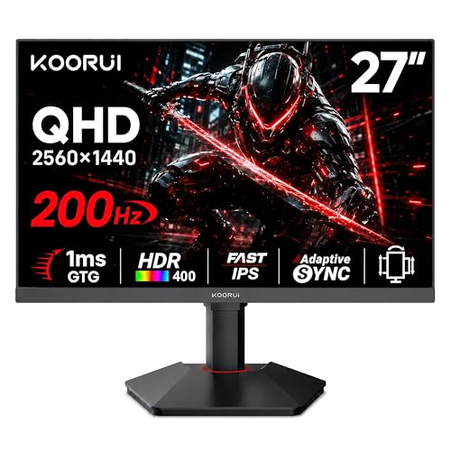 KOORUI 27 Inch 2K Gaming Monitor, 200Hz QHD (2560 x 1440p) Fast IPS Screen, 1ms Response Time, HDR 400, 95% DCI-P3, Height/Pivot/Tilt Adjustable Stand, Adaptive Sync Technology, HDMI & DP, G2722P