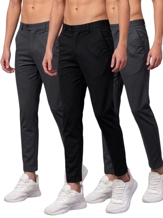 Image of Men Slim Fit Formal Trousers | Stylish Ankle Length Stretchable Office Pants | Men's Comfortable Slim Fit Trousers Combo Pack of 3