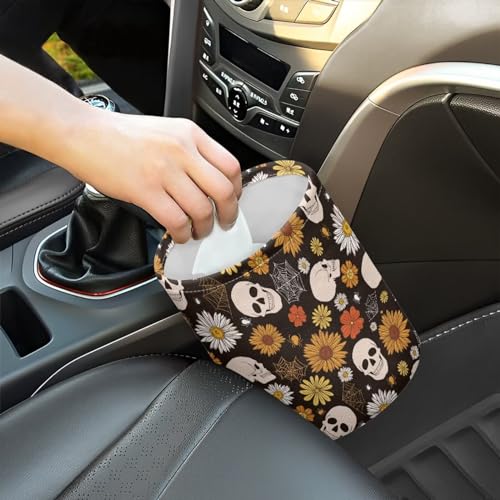 Image of Halloween Gothic Skull Car Trash Bag Portable Garbage Bin Hippie Daisy Retro for Car Front Seat, Back Seat, Floor, Easy to Clean Car Garbage Accessory Car Interior Decoration
