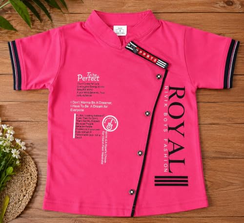 Image of NIVIK Printed Cotton T-Shirts. Stand Collar T-Shirt for Boys